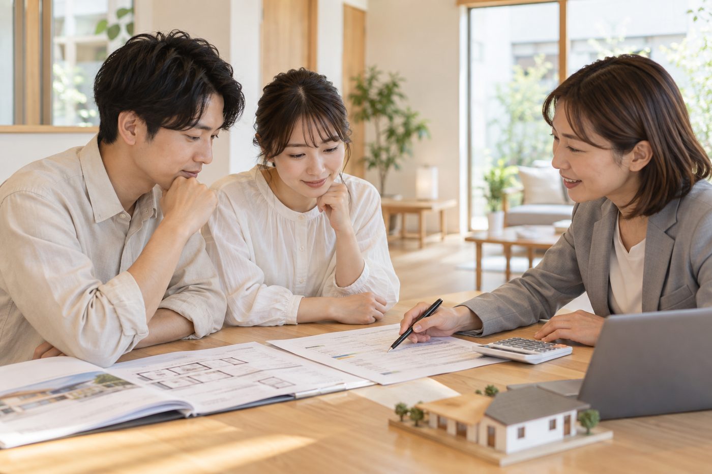 資金計画の資料を見ながら平屋の予算を相談するご夫婦
