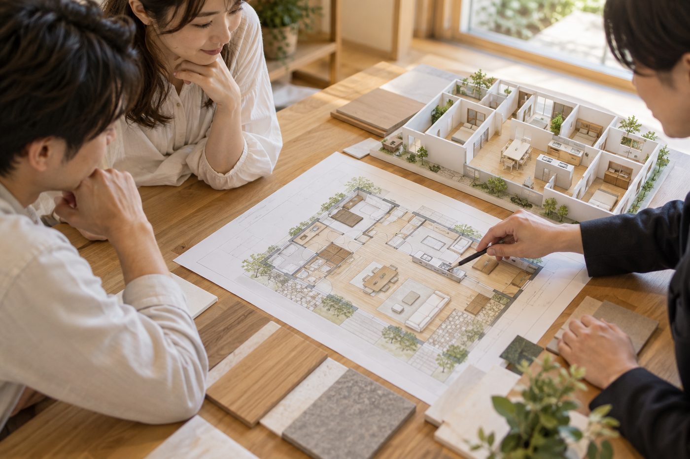 平屋の間取り図と模型を見ながら打ち合わせをする様子