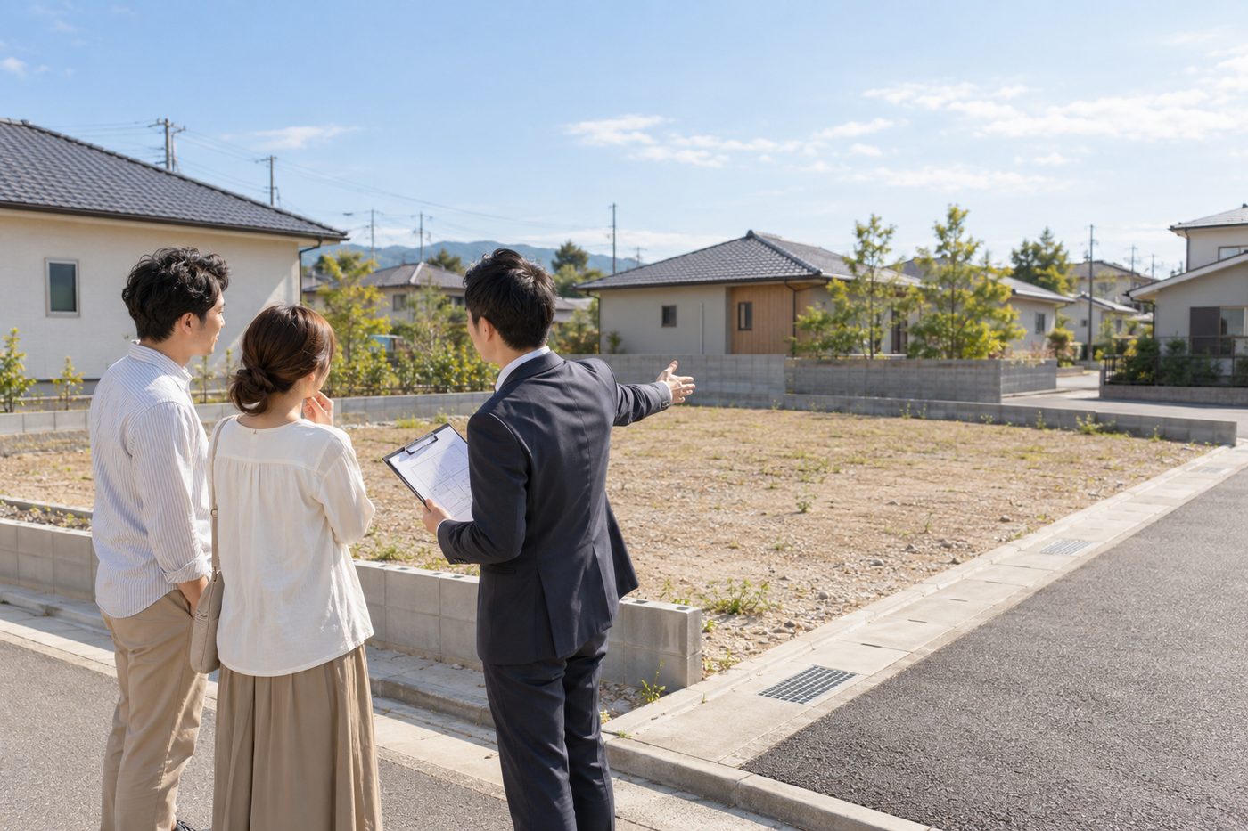 平屋が並ぶ住宅地で、現地の土地を案内してもらうご夫婦