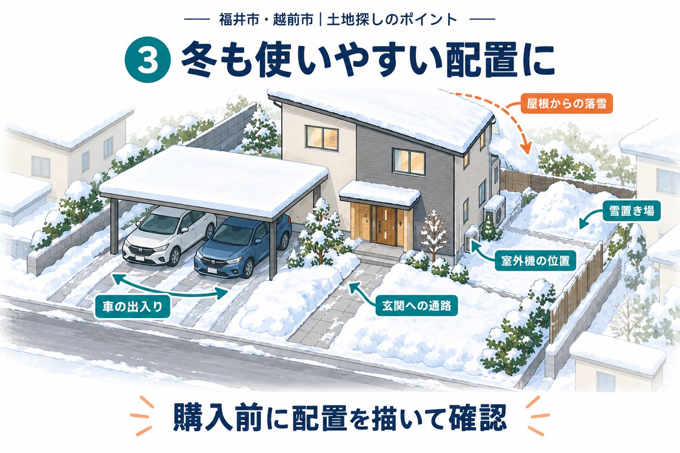 福井市・越前市 土地探しのポイント3 冬も使いやすい配置に